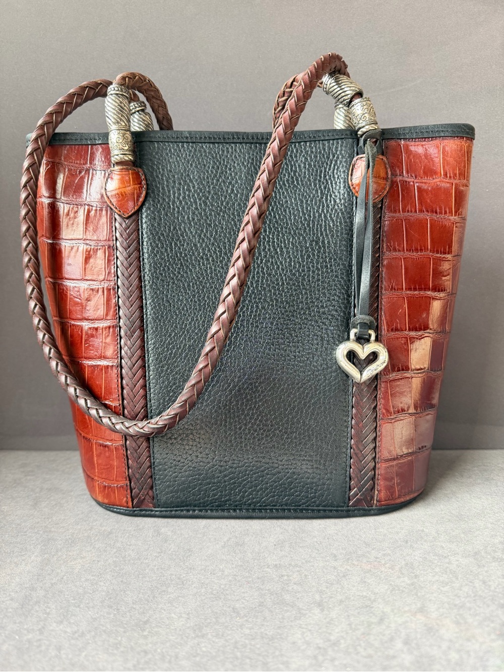 Brighton Caroline Brown Croc Embossed Black Pebble Leather Bucket Purse Handbag